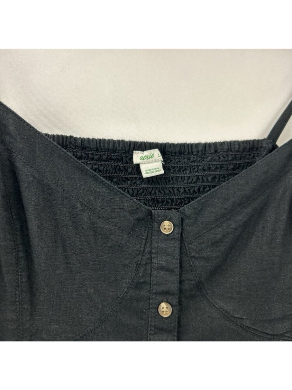 Aerie Women’s Black Linen Blend Smocked Mini Corset Dress Size Large Babydoll - Picture 9 of 12